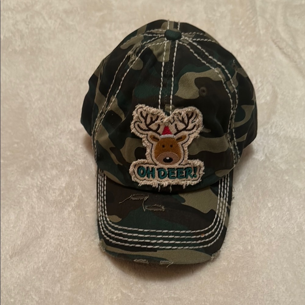 Oh Deer! Green and Black Vintage Baseball Cap with Cartoon Patch